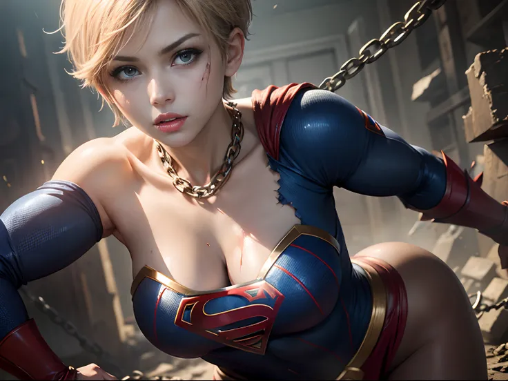 ​masterpiece、Short-haired Supergirl with a chain、large full breasts、Looking at the camera、Glossy costume、Tattered costume、Injury、heavy injury