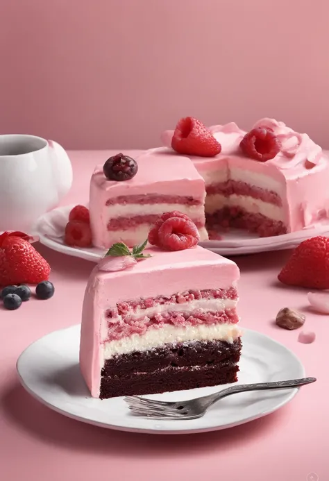 monochromes、Line drawing、Line Art、Making a cake
 chocolate cake
 Pink background, solid color, Pink background color only
This cake is、In slices on the plate next to it is cut
Ultra-realistic photos, The 8k quality, fullHD