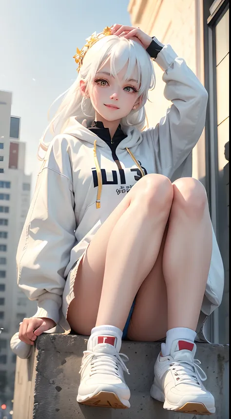 best quality, white hair, gold eyes, white clothes, looking up, hair strand, Fair skin, smiling, sports shoes