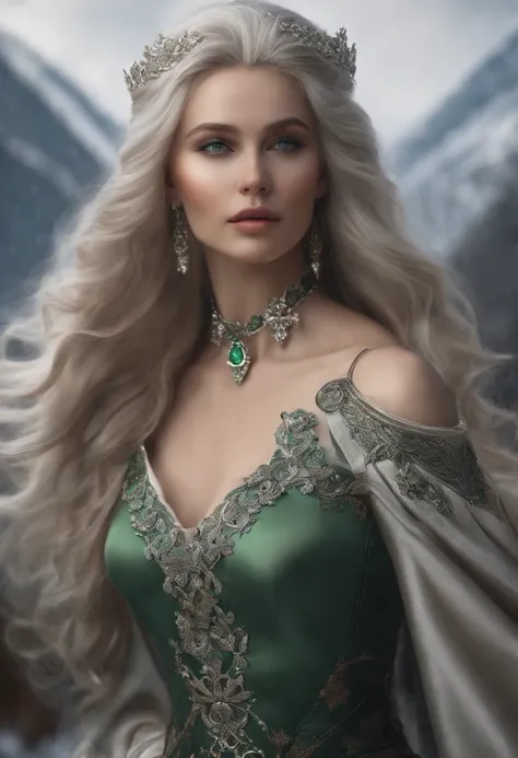 Vintage style fantasy, Masterpiece, Magnificent art, Best quality, 1girll, Close up girl Nordic princess, Scandinavian mountains, Winter weather, symmetrical and hyper detailed face, Silky skin like peach silk, Energetic and aggressive green eyes, Gray hai...