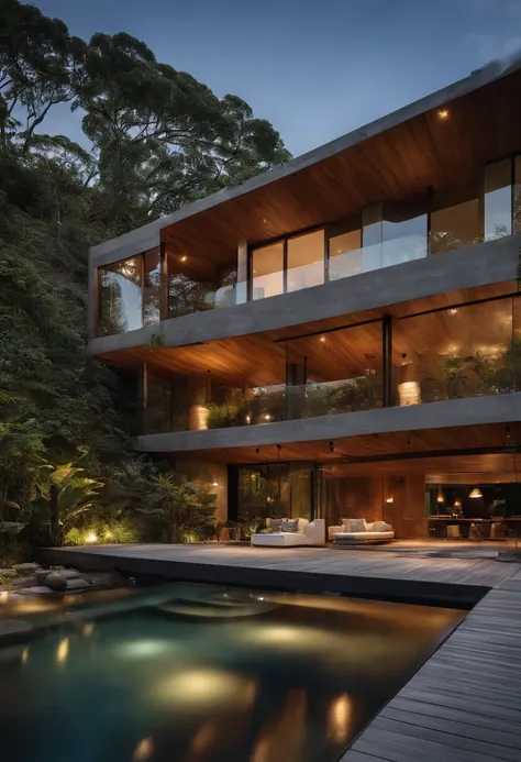 UMA CASA TERREA, COM ELEMENTOS NATURAIS, WOOD, CONCRETE, STEEL, GLASS, LANDSCAPING.