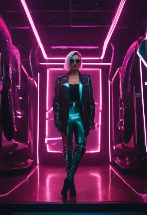 Por favor, gere uma imagem de uma DJ feminina perfeitamente integrada com equipamentos de mixagem de ponta em uma boate com tema cyberpunk. A boate deve ter um visual futurista, neon-lit environment with holographic displays and elements of urban decay. O ...