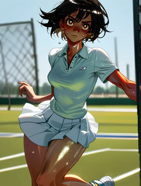 1girl, solo, white polo shirt, white sneakers, tennis wear, white miniskirt, masterpiece, best quality, realistic, hyper-detailed, (shiny skin, sweaty:1.4), absurd, looking at viewer, short black hair, brown eyes, slender, dynamic lighting, high resolution...