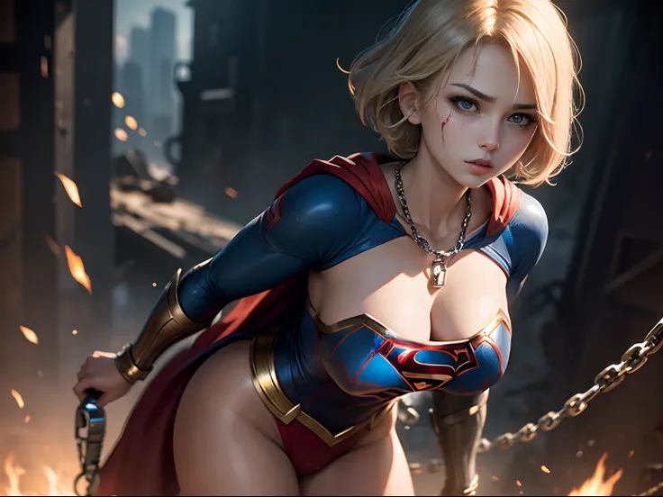 ​masterpiece、Short-haired Supergirl with a chain、large full breasts、Looking at the camera、Glossy costume、Tattered costume、Injury、heavy injury