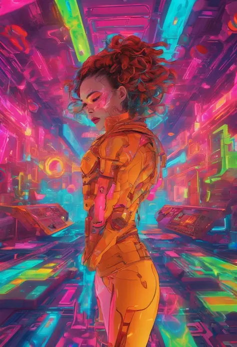 Por favor, gere uma imagem de uma DJ feminina perfeitamente integrada com equipamentos de mixagem de ponta em uma boate com tema cyberpunk. A boate deve ter um visual futurista, neon-lit environment with holographic displays and elements of urban decay. O ...