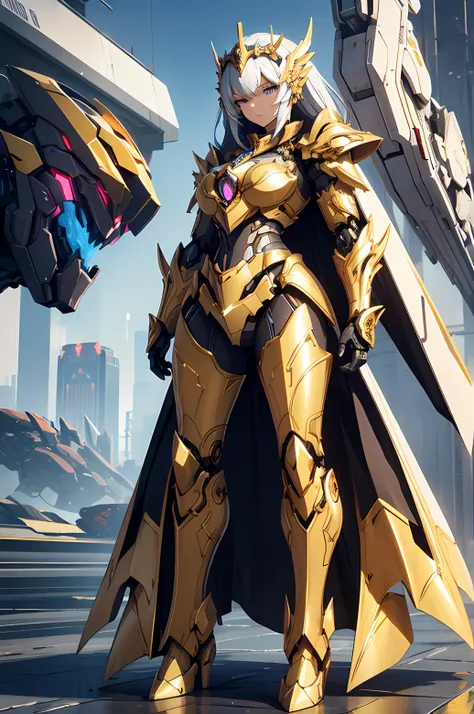 A beautiful Women, ( armor), ((full body frame)), solemn, royal, sci-fi, mecha, battling pose, mecha robot, robot, machine, gold details, ornament, ((extremely detail))