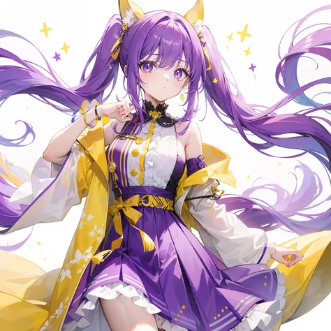 Long purple and yellow bangs，Energetic high ponytailed hair，Purple simple dress, Yellow and white accessories，Cute and lively beautiful girl，The charm was very tempting