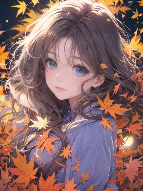 Autumn leaves at night🍁、Moonlight、Blue Moon、25 year old beautiful woman、Detailed beautiful eyes、Beautiful beautiful medium hair、Clear skin、Dress appearance、Susukihata、depth of fields、Masterpiece、absurderes、24K Graphics Art、Carefully drawn background、Compos...