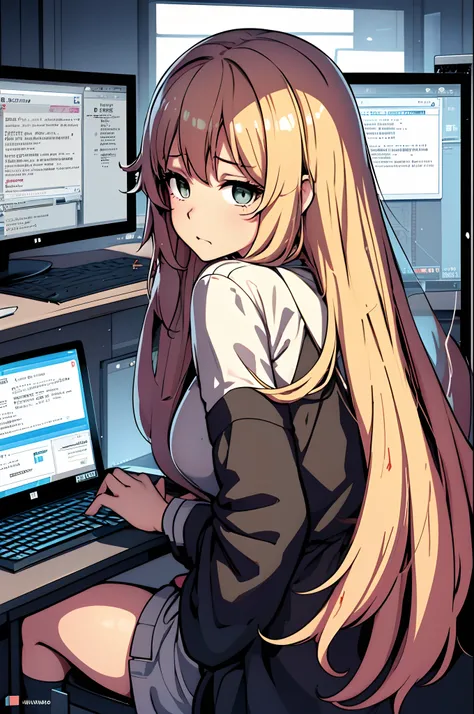 Imagina a una chica de anime con cabello blanco y piel morena que trabaja incansablemente en su escritorio, surrounded by screens and electronic equipment. Your gaze is full of determination as you navigate lines of code on your computer. What technical ch...