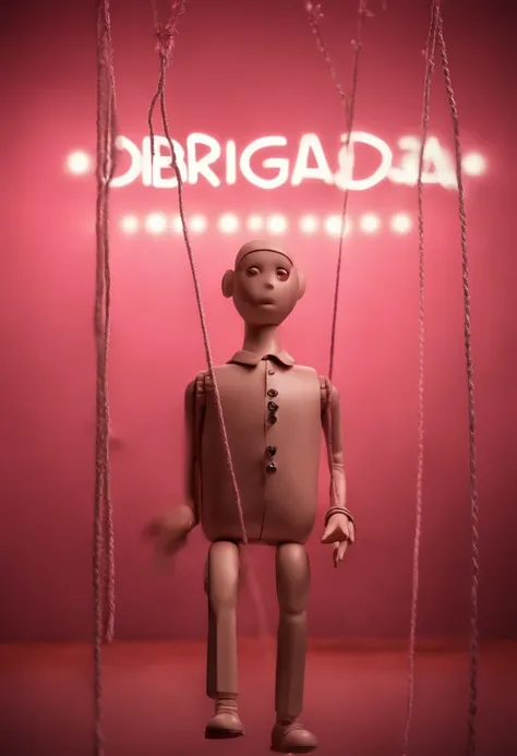 Realistic human made of human puppet with hanging cables attached to it controlled by the title saying "TIK-FREAK" (("Obrigada pelo rosa.")),