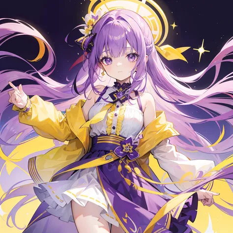 Long purple and yellow bangs，Energetic high ponytailed hair，Purple simple dress, Yellow and white accessories，Cute and lively beautiful girl，The charm was very tempting