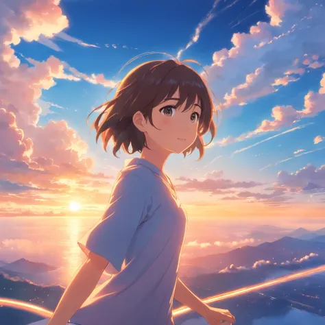 masterpiece, best quality, movie still, 1girl, cloud girl, floating in the sky, close-up, bright, happy, warm soft lighting, sunset, (sparks:0.7)