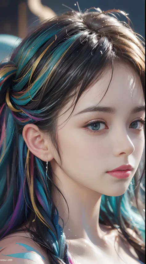 (level difference: 1.8),(Paint colliding and splashing on canvas),(Depth of field),adorable creature,elegant, strong between boho and modern. With many colors and no defined (liquid paint rainbow hair:1.1) Made of paint，anti gravity, Thick flow, (Splashes ...