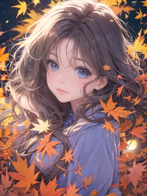 Autumn leaves at night🍁、Moonlight、Blue Moon、25 year old beautiful woman、Detailed beautiful eyes、Beautiful beautiful medium hair、Clear skin、Dress appearance、Susukihata、depth of fields、Masterpiece、absurderes、24K Graphics Art、Carefully drawn background、Compos...