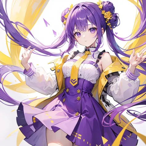 Long purple and yellow bangs，Tie up a high bun，Purple simple dress, Yellow and white accessories，Cute and lively beautiful girl，The charm was very tempting