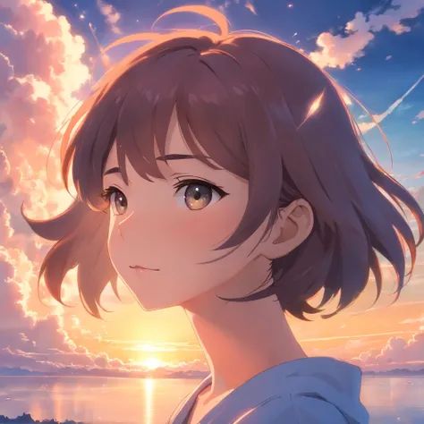 masterpiece, best quality, movie still, 1girl, cloud girl, floating in the sky, close-up, bright, happy, warm soft lighting, sunset, (sparks:0.7)