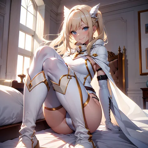 Transformation Heroine　white  leotard　White long boots　White Long Gloves　White cloak　Gold decoration　justice　poneyTail　a blond　Sleeveless　A smile with shame　Western Boots　lyin in bed　Opening legs　Long boots below the knee　Raw feet　　Thigh legs　 on the beds　...