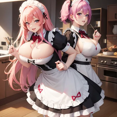 Lori with multicolored hair, wearing a maid outfit,More meat, Cute 2D, background backlightHD ，top-quality，Beautiful Beautiful Girl，超A high resolution，a smile，Perfect Beautiful Girl，huge tit，