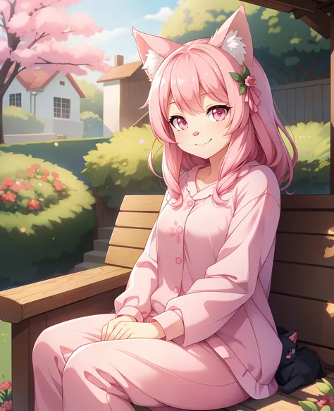 (sitting:1.2), knees up body, looking at viewer, smile,
(furry cat girl:1.2),(furry female:1), body fur, pink hair,pink eyes,pink cat ears, pink skin,
pajama,
in garden, depth of field,kawaii,petit,