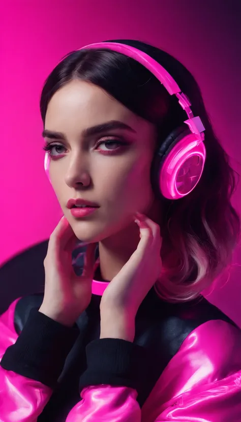 uma linda mulher jovem usando headphones, Dancing, Image with black color background graphic effects and futuristic pink neon details, graphic effects, 4K cinematic realistic image