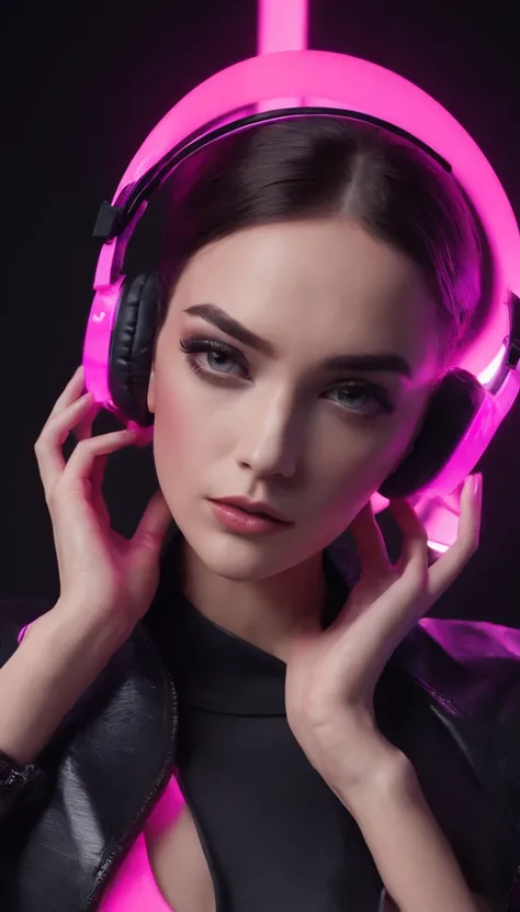 uma linda mulher jovem usando headphones, Dancing, Image with black color background graphic effects and futuristic pink neon details, graphic effects, 4K cinematic realistic image