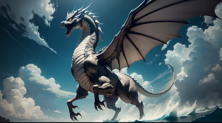 (The main subject: Wide-angle lens), (Best quality, A high resolution, Masterpiece:1.2), Ultra-detailed, (Realistic:1.37), (hdr), [（Silver Chinese dragon+majestic posture+flowing mane+sharp claws and fangs)+Dynamic and powerful wings）], (dramatic clouds), ...