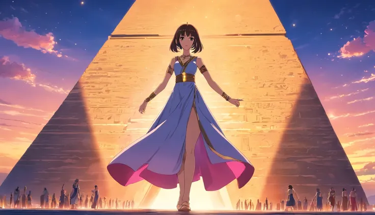 sinister, The stunning Queen Cleopatra is on the far left、Wear a full-length dress size, Staring behind the pyramid, Amber and pink light floating in the sky, A breathtaking masterpiece of true HD photography, Exquisite detail and unparalleled clarity, Sho...