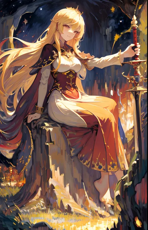 ((masterpiece:1.2, best quality)), 1female, solo,  blonde yellow hair, long hair, red dress, wearing a crown night, star (sky), sky, sword on fire, female holding sword on starry sky, red eyes, very long blonde yellow hair, red dress, smile, dark clouds, n...