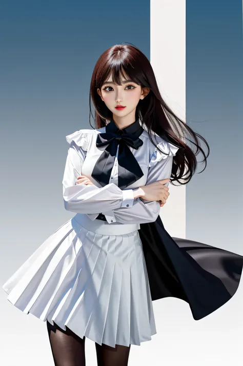 Fascinating beauty、Evil Female Executive、whiteshirt、Black pleated skirt、Black pantyhose、long curls、charming oval face、二重まぶた、Clear eyes、Purple eyeshadow、Red Lip、Beautiful thin legs、toned ankles、The ultra -The high-definition、The ultra-detailliert、Graceful s...