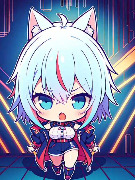 the anime character is fully dressed in very warm and sexy outfit, oversized jacket, 1girl, solo, multicolored pastel hair, blue eyes, virtual youtuber, cat ears, streaked hair, white hair, breasts, angry, short hair, expressive, dark bodysuit, neon, cyber...