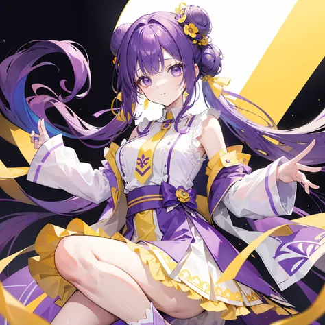 Long purple and yellow bangs，Tie a bun，Purple simple dress, Yellow and white accessories，Cute and lively beautiful girl，The charm was very tempting