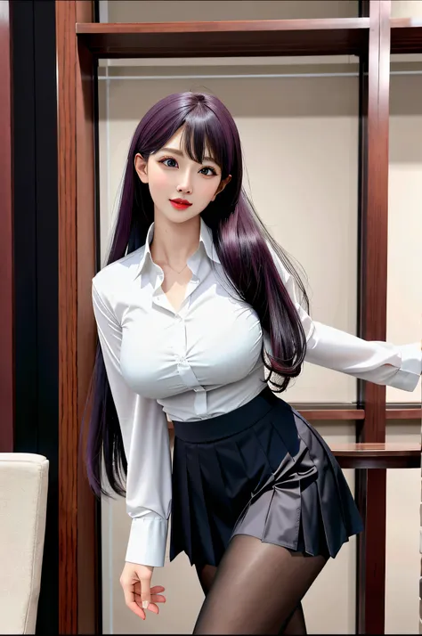 Fascinating beauty、Evil Female Executive、whiteshirt、Black pleated skirt、Black pantyhose、long curls、charming oval face、二重まぶた、Clear eyes、Purple eyeshadow、Red Lip、Beautiful thin legs、toned ankles、The ultra -The high-definition、The ultra-detailliert、Graceful s...