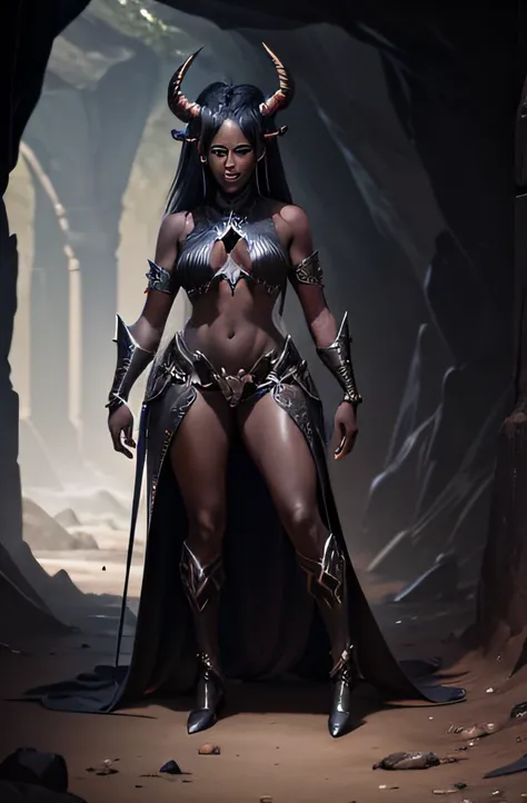 Full-body image of a demonic woman with ebony scale skin with horns protruding from her forehead wearing an explorers armor inside a cave.