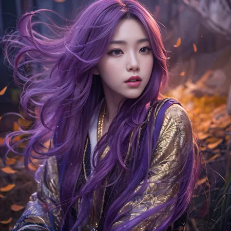 Genki Girl 32K（tmasterpiece，k hd，hyper HD，32K）Long flowing bright purple hair，Autumn Pond，zydink， a color， Asian people （Genki girl）， （Silk scarf）， Combat posture， looking at the ground， long whitr hair， Floating bright purple， Fire cloud pattern gold tiar...