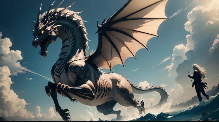 (The main subject: Wide-angle lens), (Best quality, A high resolution, Masterpiece:1.2), Ultra-detailed, (Realistic:1.37), (hdr), [（Silver Chinese dragon+majestic posture+flowing mane+sharp claws and fangs)+Dynamic and powerful wings）], (dramatic clouds), ...