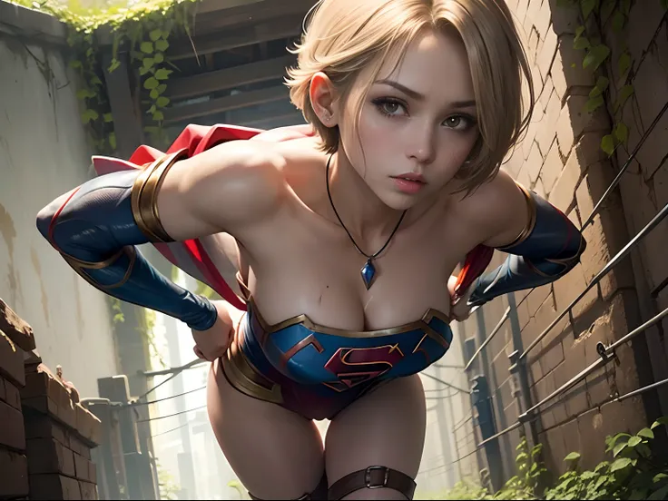 ​masterpiece、Short-haired Supergirl tangled in thorns、large full breasts、Looking at the camera、Glossy costume、Tattered costume、Injury、Dungeon、slaves