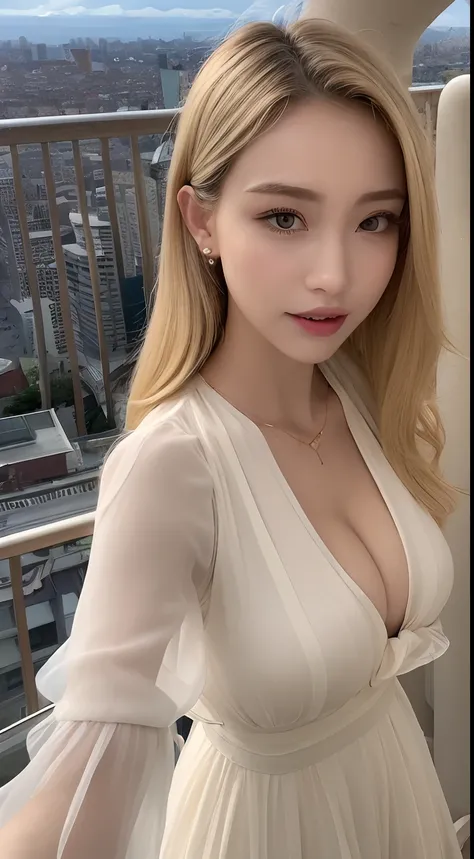 ((top-quality、8K、​masterpiece:1.3))、selfy、foco nítido:1.2、Cute beautiful woman with perfect body:1.4、Slim Big Breasts:1.2、((a blond、Colossal tits:1.2))、(Small transparent dress、seminude、very highly detailed breasts、happy facial expression、is standing:1.2)、...