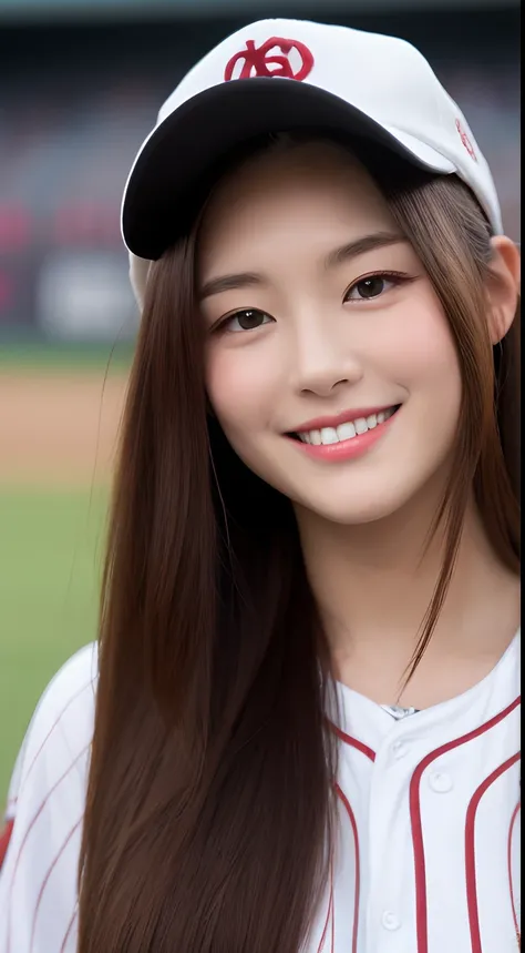 (of the highest quality, 8K, masutepiece: 1.3), Beauty of Perfect Figure: 1.4, dark brown hair, wearing a baseball cap, At the baseball field, Very delicate face and skin, Delicate eyes, Big, Smile