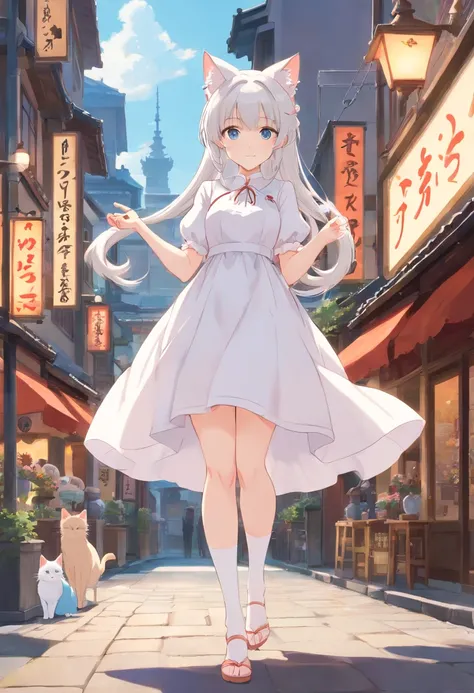 Stand barefoot，Masterpiece，long whitr hair，Extremely tall girls，A giantess，In the city，Full limbs，The face is delicate，White double ponytail，blue color eyes，White Lolita，Long-range shots，white stockings，There are cat ears on the head, white dresses， silber...