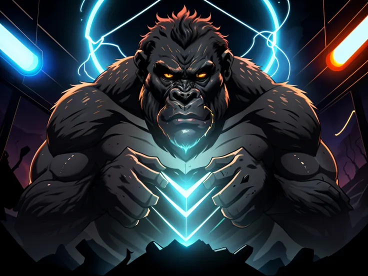 Visualize a full-bodied evil gorilla in a dark setting with dazzling cinematic lights. Certifique-se de que o rosto do gorila seja impressionantemente detalhado, com sombras bem definidas, while the image maintains 8K quality and an impactful HDR effect