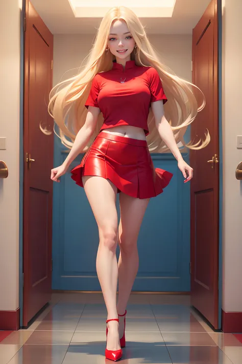 1 full body girl, medium chest, long blonde hair, red skirt, blue eyes, excited face, red shirt, marked nipples, red heels