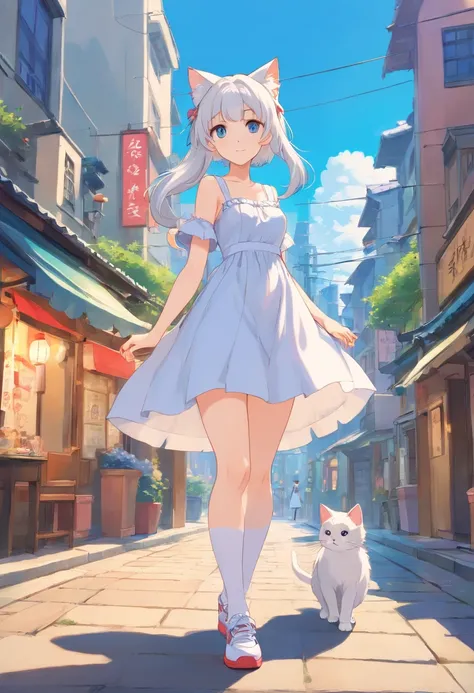 Wear sneakers，Masterpiece，long whitr hair，Extremely tall girls，A giantess，In the city，Full limbs，The face is delicate，White double ponytail，blue color eyes，White Lolita，Long-range shots，white stockings，There are cat ears on the head, white dresses， silber ...