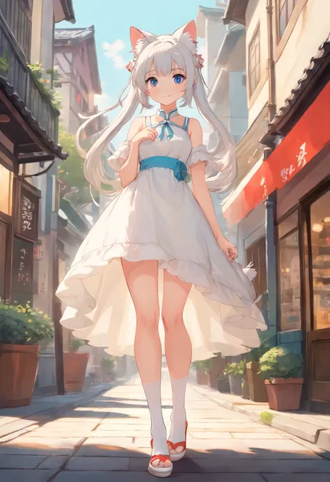 Stand barefoot，Masterpiece，long whitr hair，Extremely tall girls，A giantess，In the city，Full limbs，The face is delicate，White double ponytail，blue color eyes，White Lolita，Long-range shots，white stockings，There are cat ears on the head, white dresses， silber...