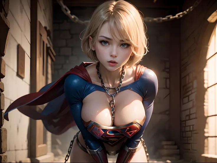 ​masterpiece、Short-haired Supergirl in chains、large full breasts、Looking at the camera、Glossy costume、Tattered costume、Injury、Dungeon、slaves