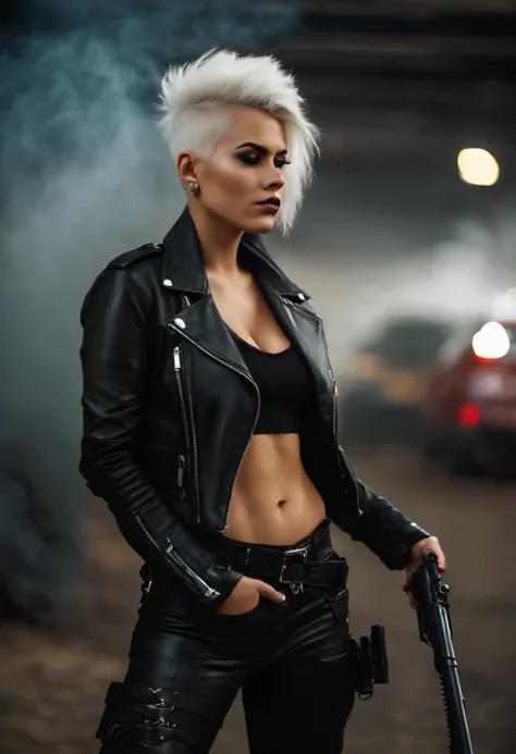 Woman 21 yo with leather jacket, leather pants, black shirt, white hair shaved on sides, spiky mohawk on top, sniper rifle over shoulder, standing, smoking a cigarette. She has a nose ring. Military laced boots.