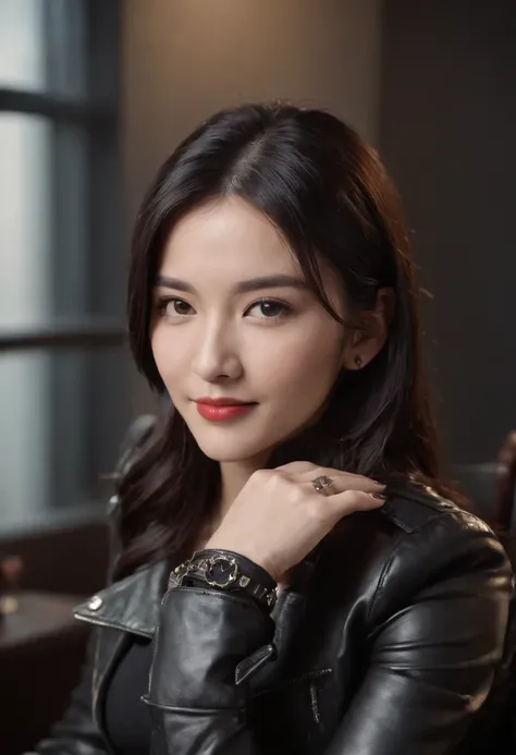 Wearing black leather gloves in both hands Upper body Black leather riders jacket Necklace Facing the desk in the modern study in the dark, looking down and smiling, long straight black hair Young Japanese woman (black leather gloves cover both hands) Sitt...