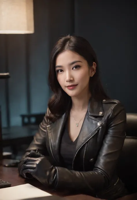 Wearing black leather gloves in both hands Upper body Black leather riders jacket Necklace Facing the desk in the modern study in the dark, looking down and smiling, long straight black hair Young Japanese woman (black leather gloves cover both hands) Sitt...