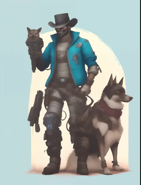 A closeup of a person with a dog and a gun, cyberpunk oeste selvagem, post - apocalyptic cowboy, cyber space cowboy, Arte conceitual do Apex Legends, in style of apex legends, arte do personagem Cyberpunk, Estilo de arte cyberpunk, ciborgue Steampunk ocide...