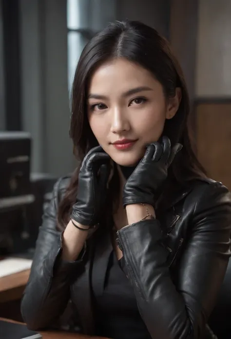 Wearing black leather gloves in both hands Upper body Black leather riders jacket Necklace Facing the desk in the modern study in the dark, looking down and smiling, long straight black hair Young Japanese woman (black leather gloves cover both hands) Sitt...