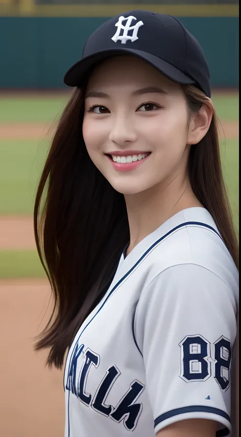 (of the highest quality, 8K, masutepiece: 1.3), Beauty of Perfect Figure: 1.4, dark brown hair, wearing a baseball cap, At the baseball field, Very delicate face and skin, Delicate eyes, Big, Smile